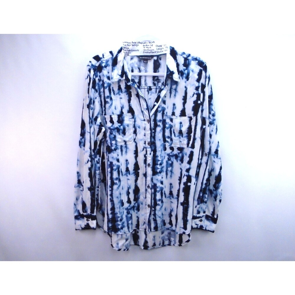 Rock & Republic Womens Size L Blue Tie Dye Paint Drip Roll Tab Sleeve Shirt
